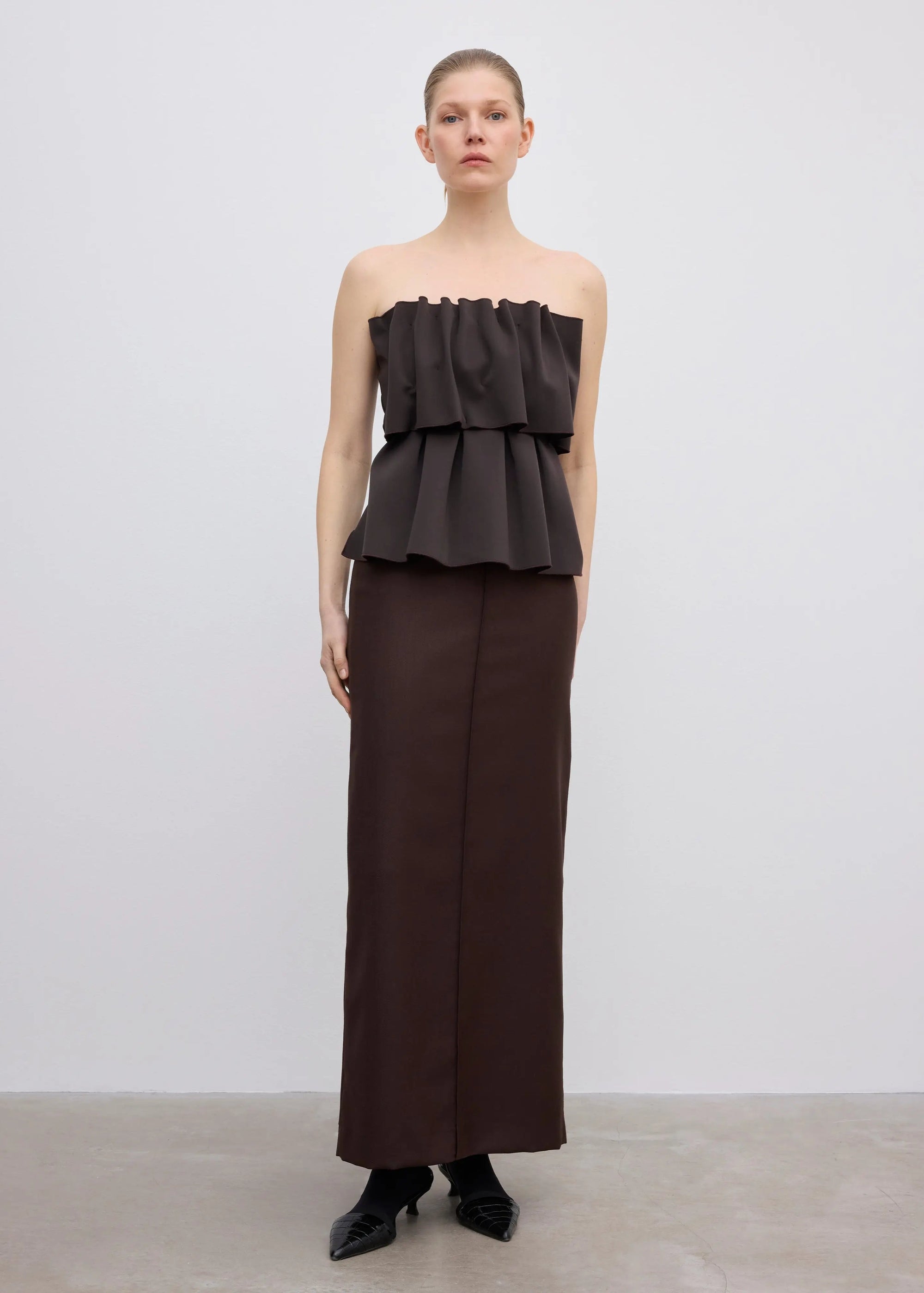 SCULPTED TUBE TOP: CHOCOLATE BROWN