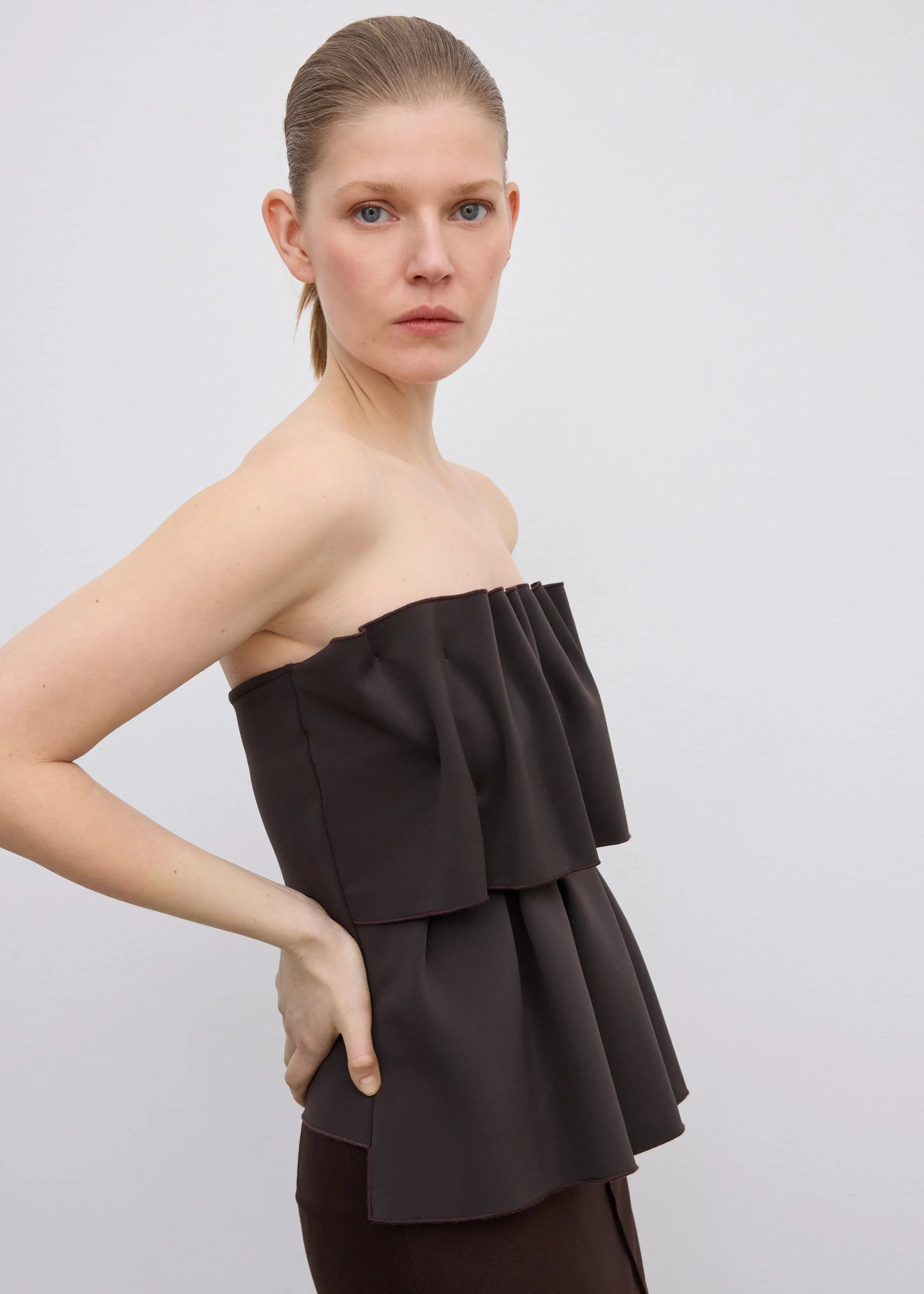 SCULPTED TUBE TOP: CHOCOLATE BROWN