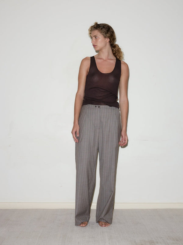 TWIN BUTTON PANT: PINSTRIPE BARK