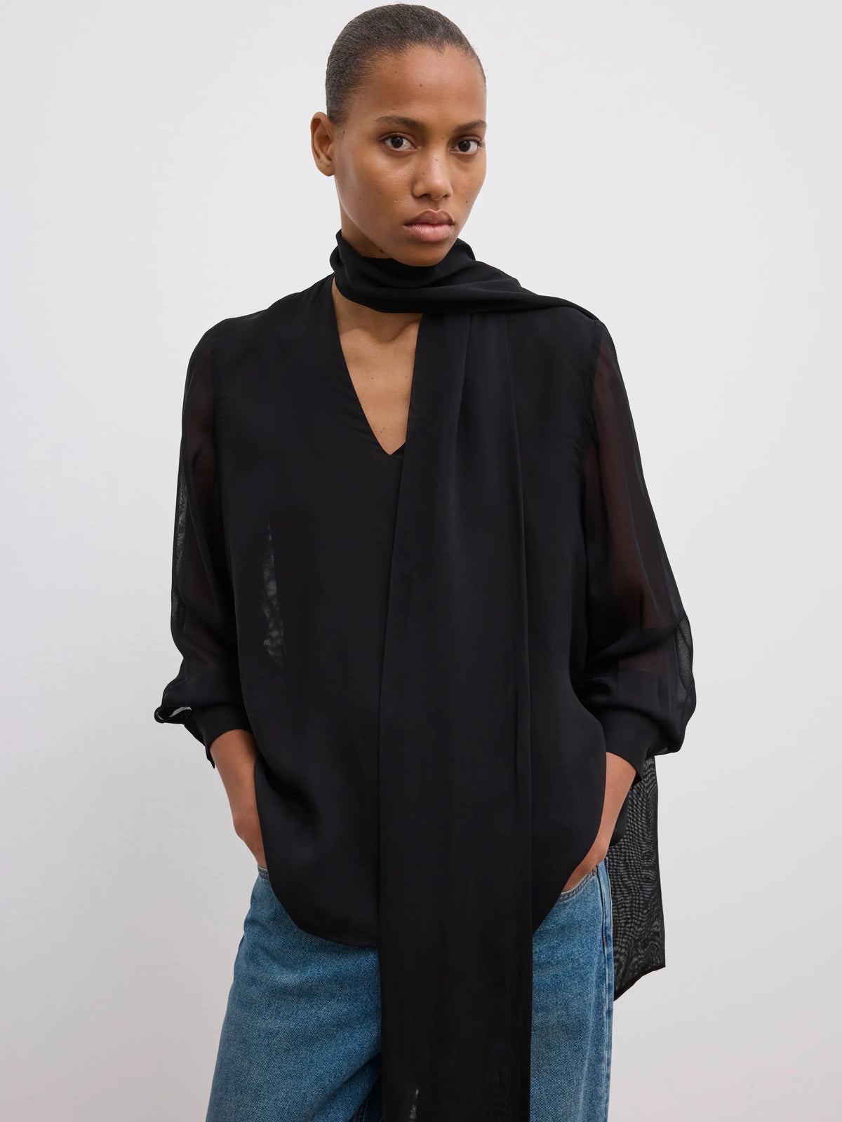 Chiffon Scarf Blouse: Black