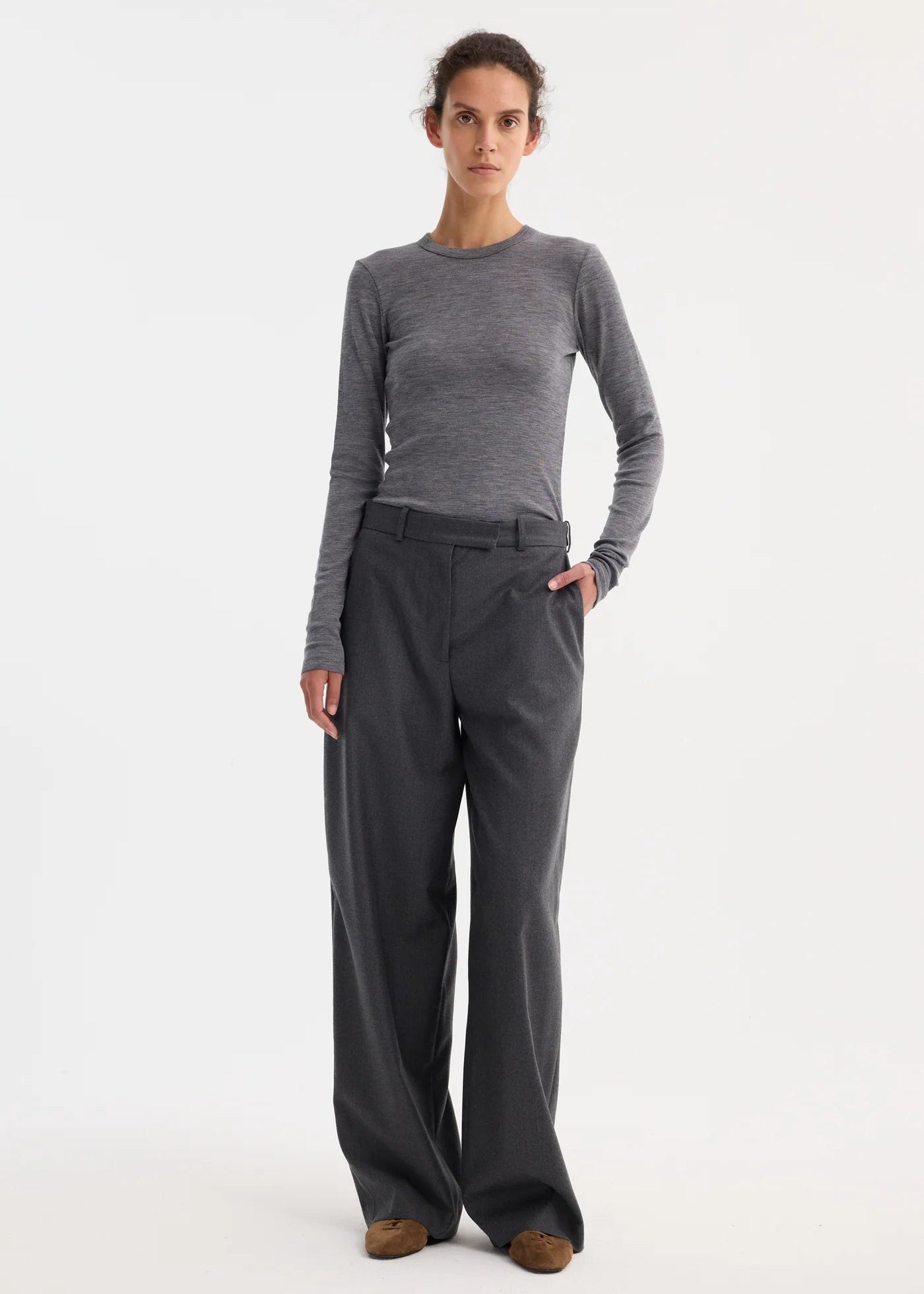 WIDE LEG TROUSERS: DARK GREY MELANGE