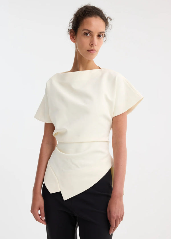 DRAPED LAPEL TOP: OFF WHITE