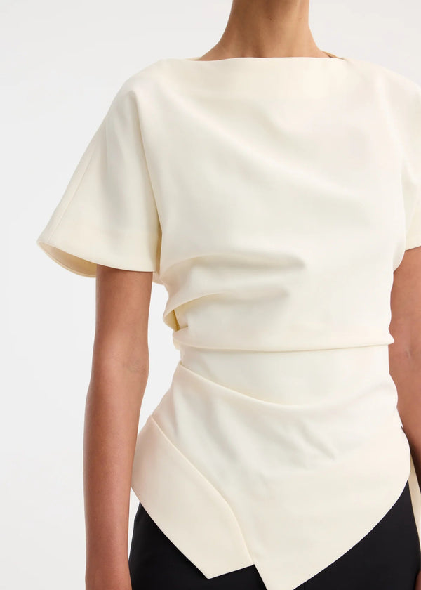 DRAPED LAPEL TOP: OFF WHITE