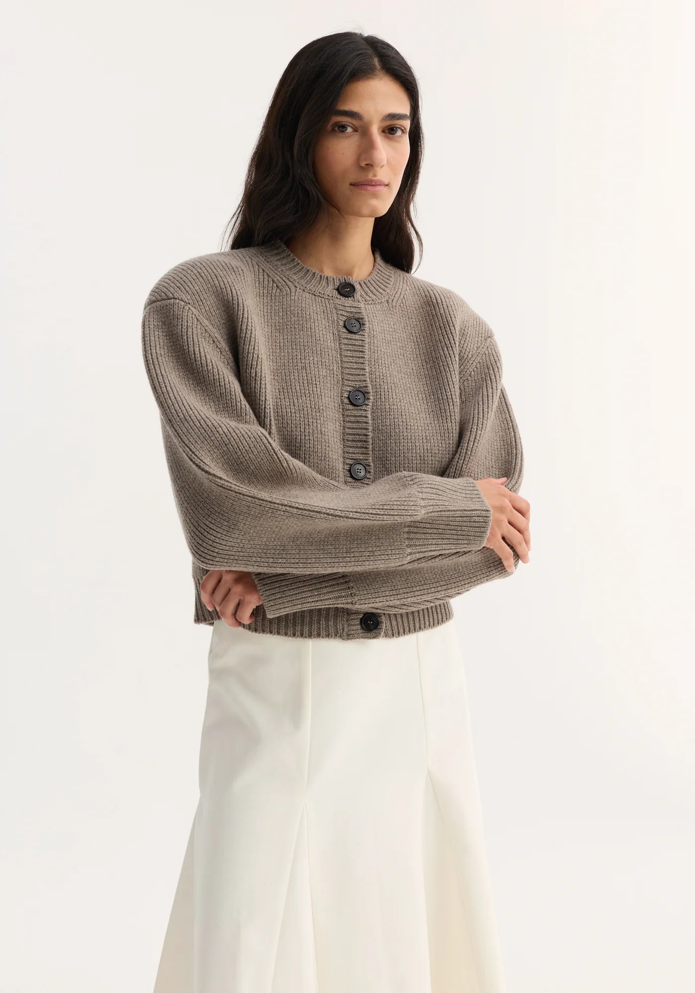 Statement shoulder cardigan: clay melange