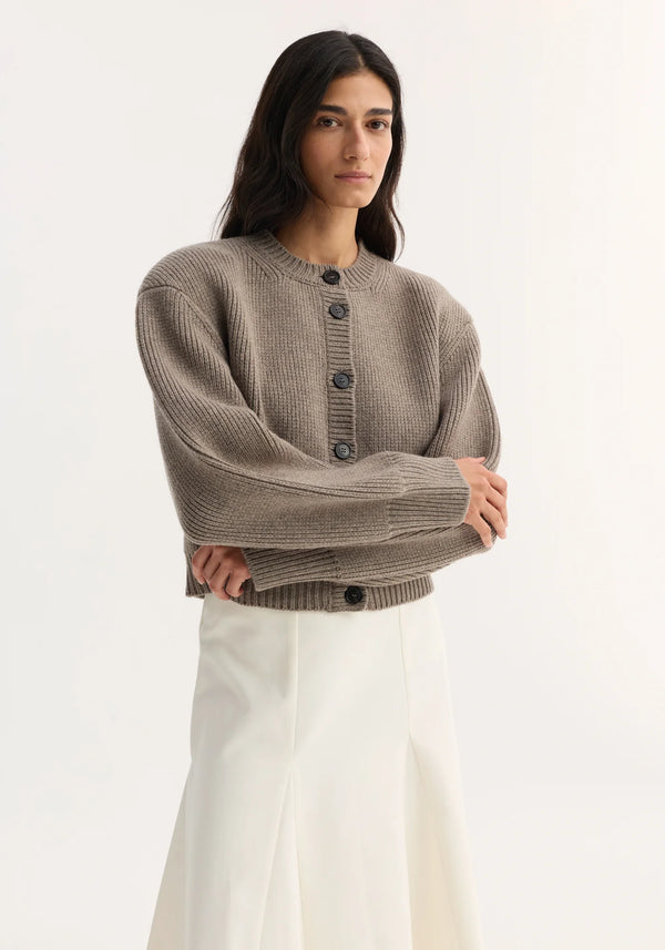 Statement shoulder cardigan: clay melange