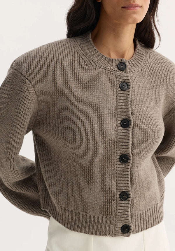 Statement shoulder cardigan: clay melange