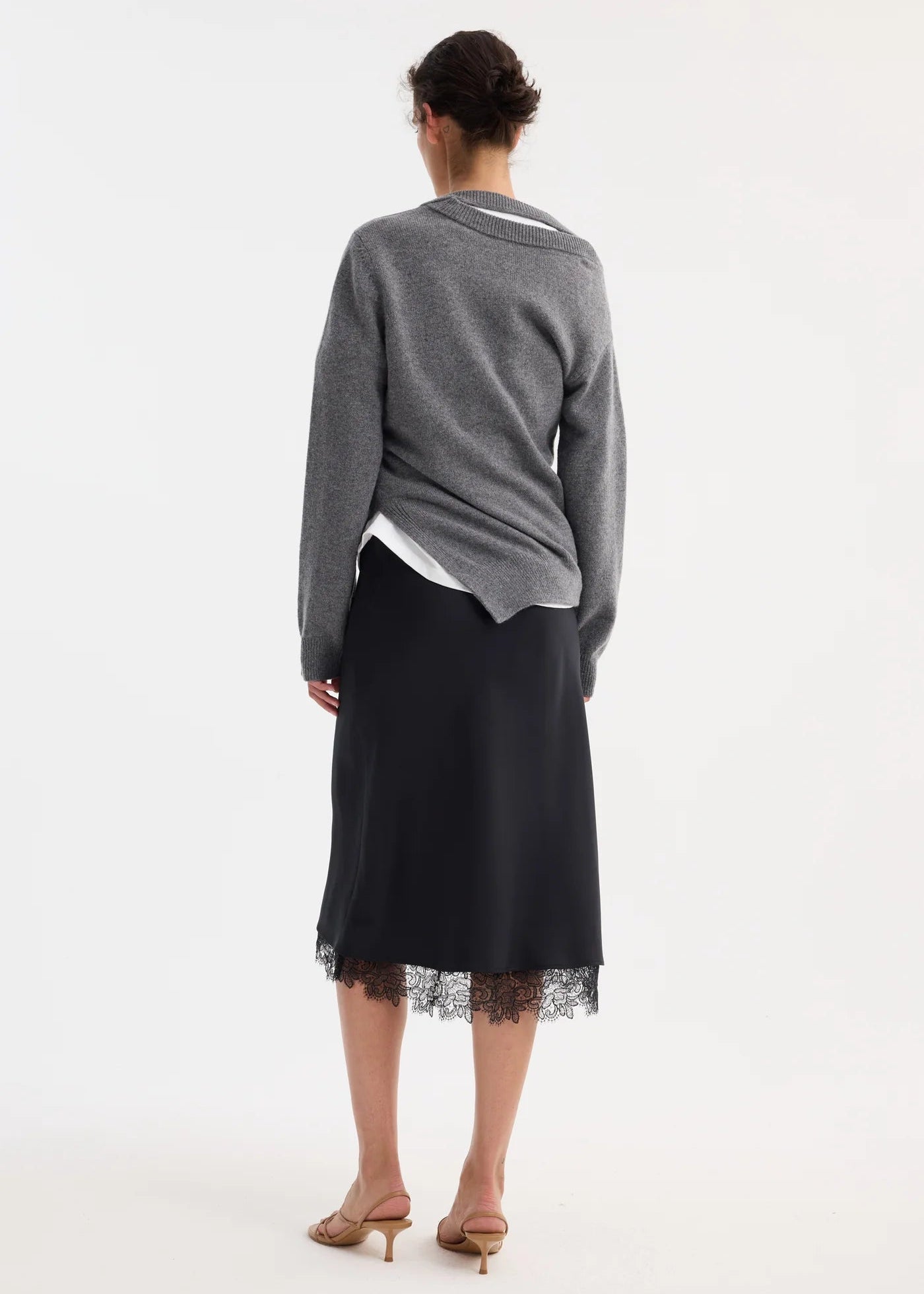 LACE TRIMMED SILK SKIRT: BLACK