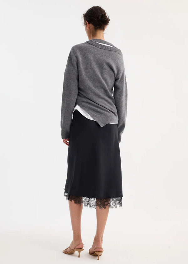 LACE TRIMMED SILK SKIRT: BLACK