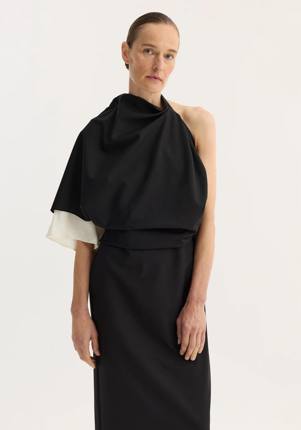 DRAPED OPEN BACK DRESS: BLACK