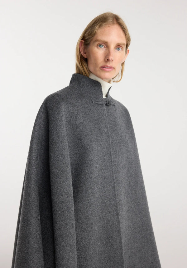 double-faced wool pankou closure poncho: dark grey melange