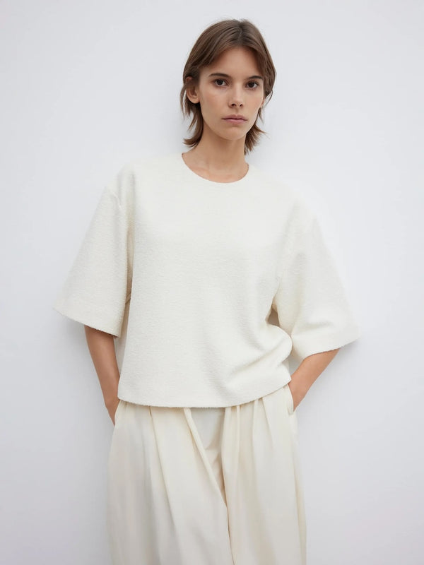 WOVEN BOUCLE T-SHIRT: CREAM WHITE