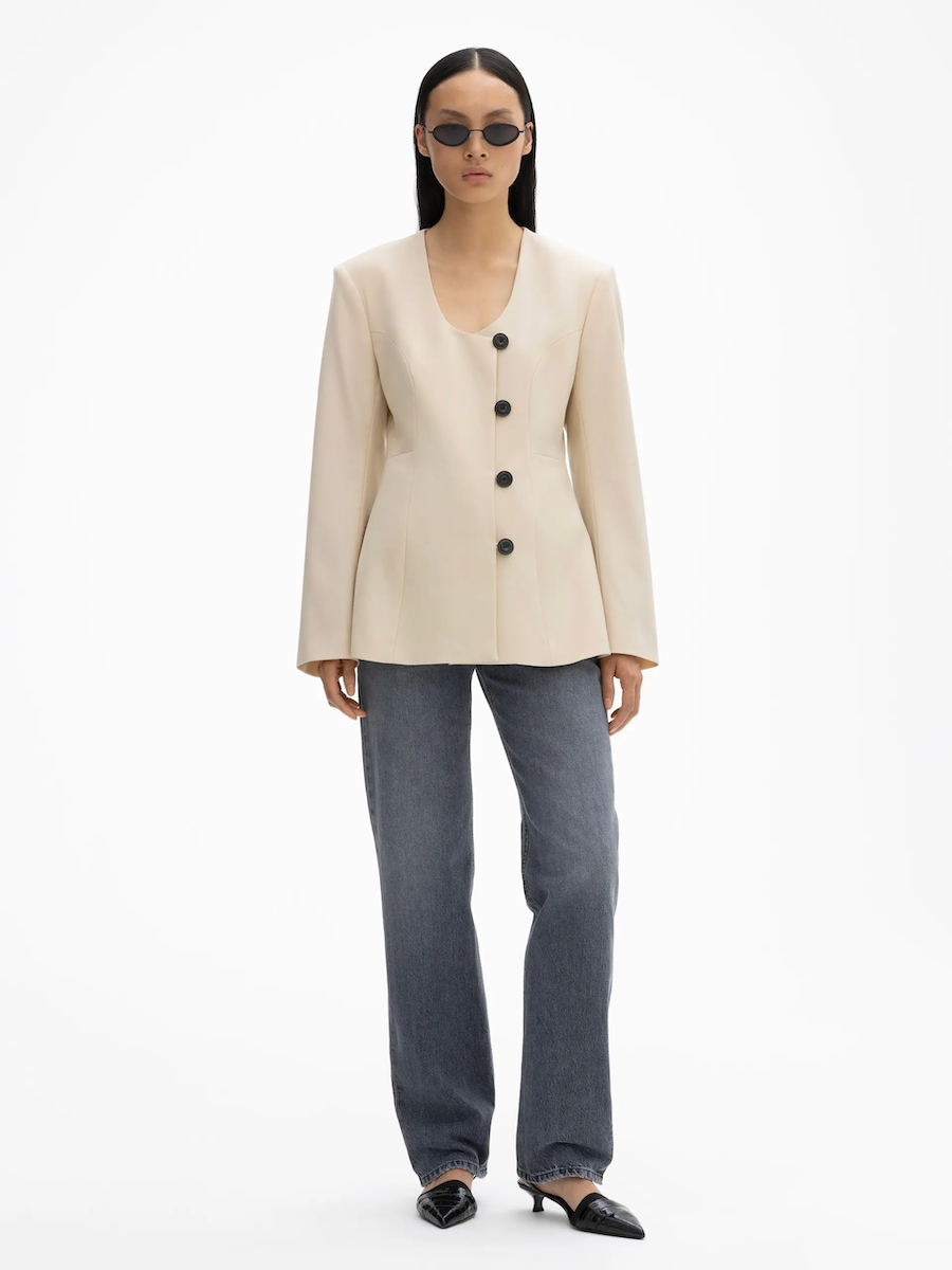 Collarless Blazer: Sand Beige