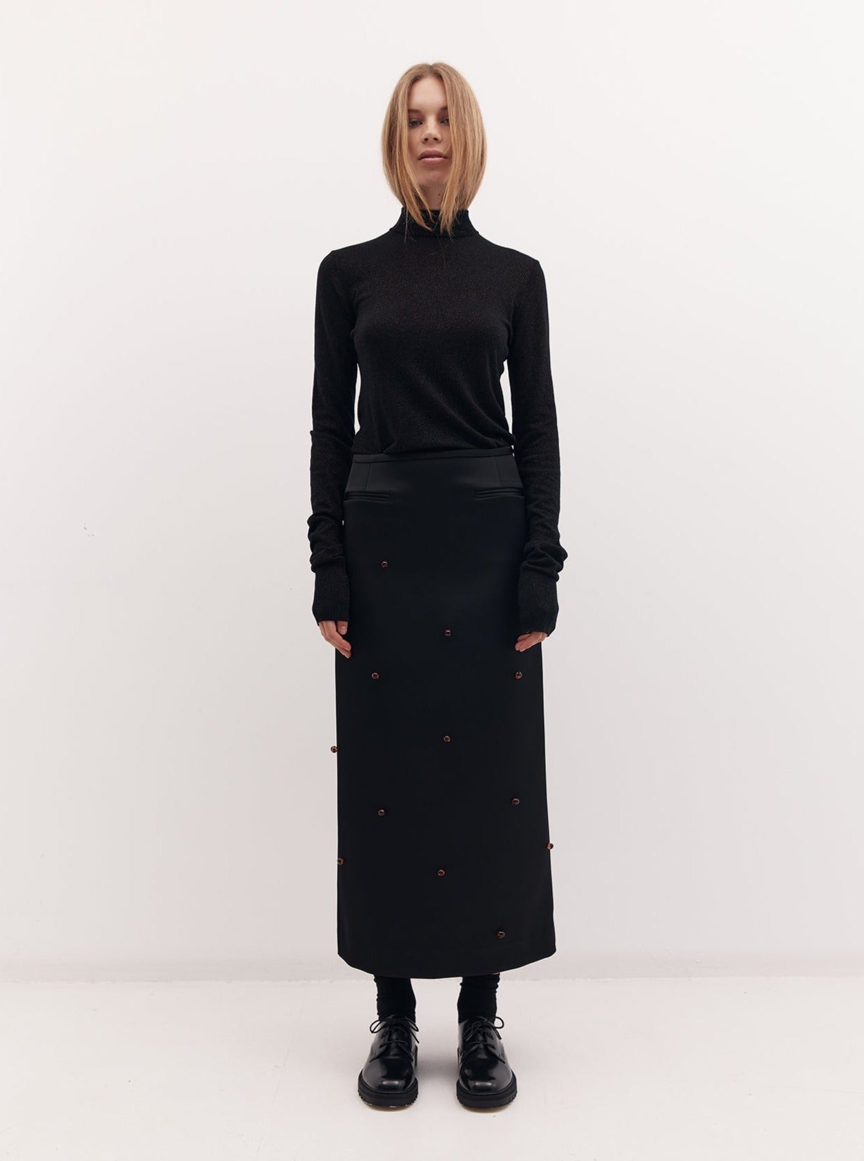 Beaded Holly Skirt: Black Bonded Satin