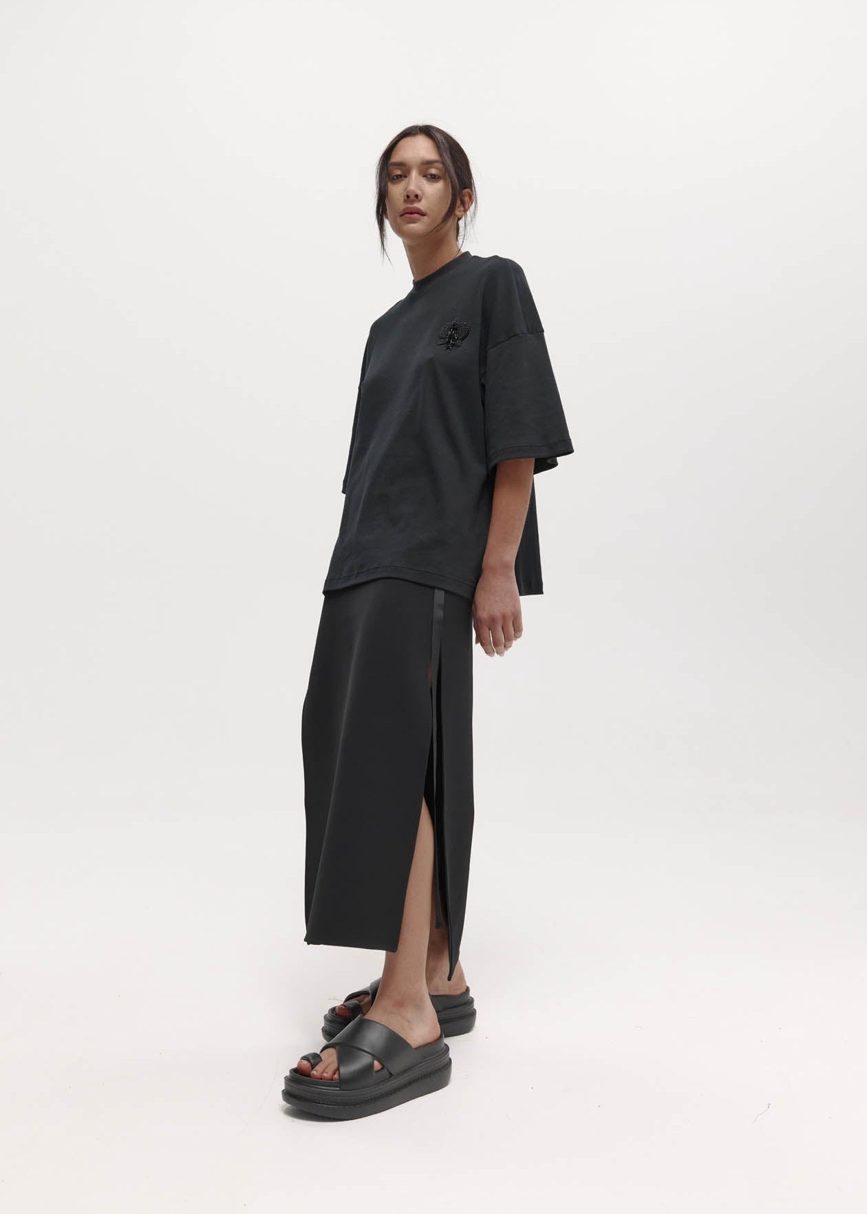 Viktor Skirt: Black Bonded Suiting