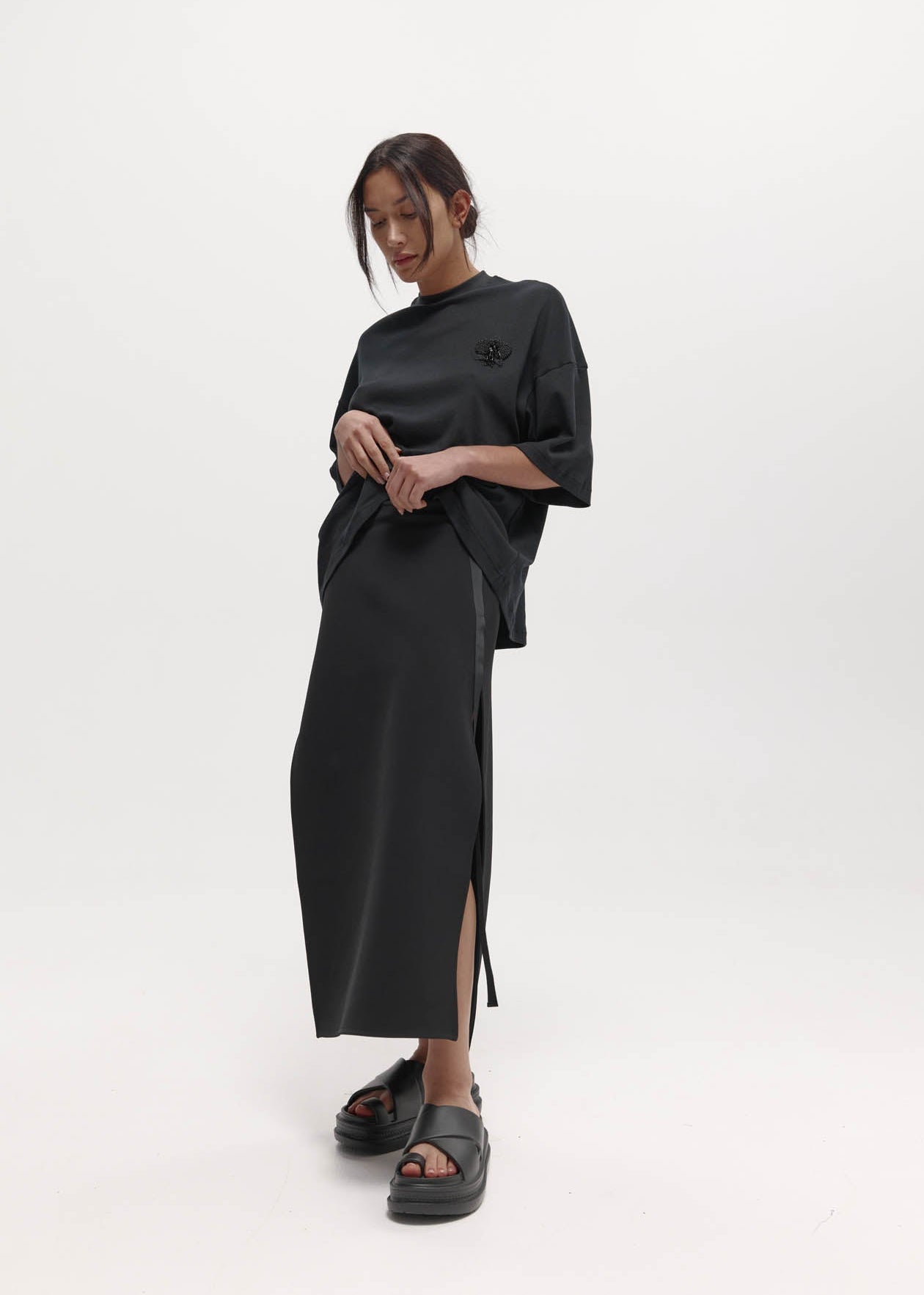 Viktor Skirt: Black Bonded Suiting