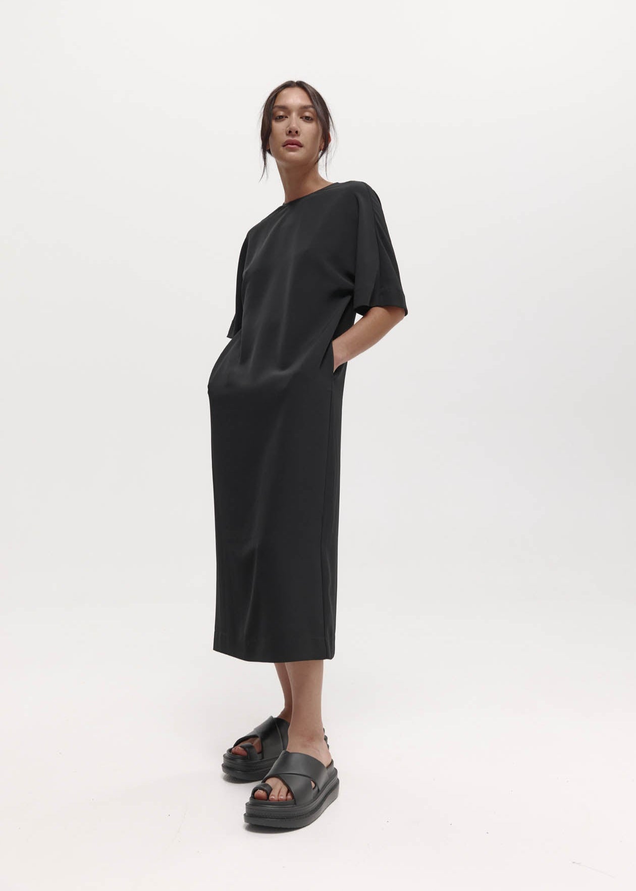 Dennison Dress: Black Drape Suiting