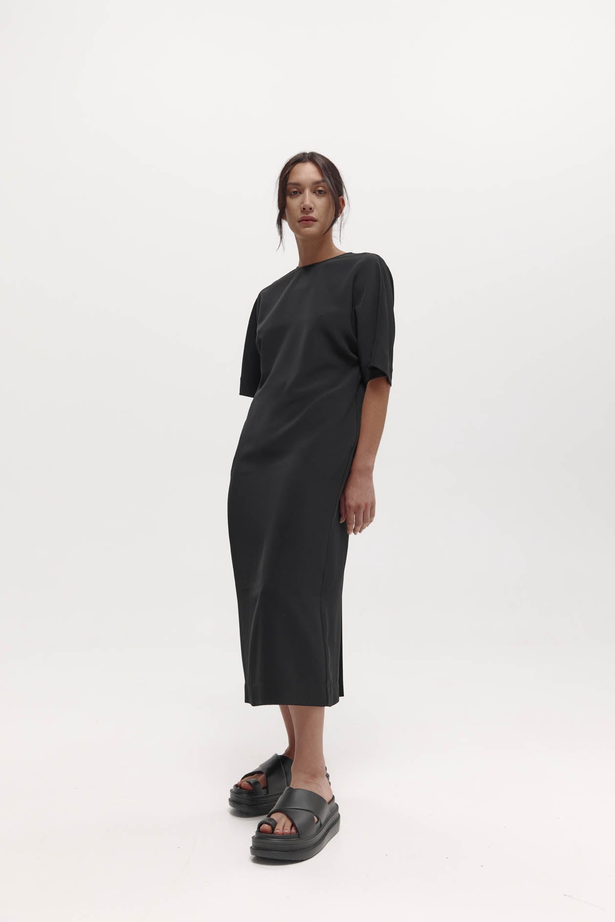 Dennison Dress: Black Drape Suiting