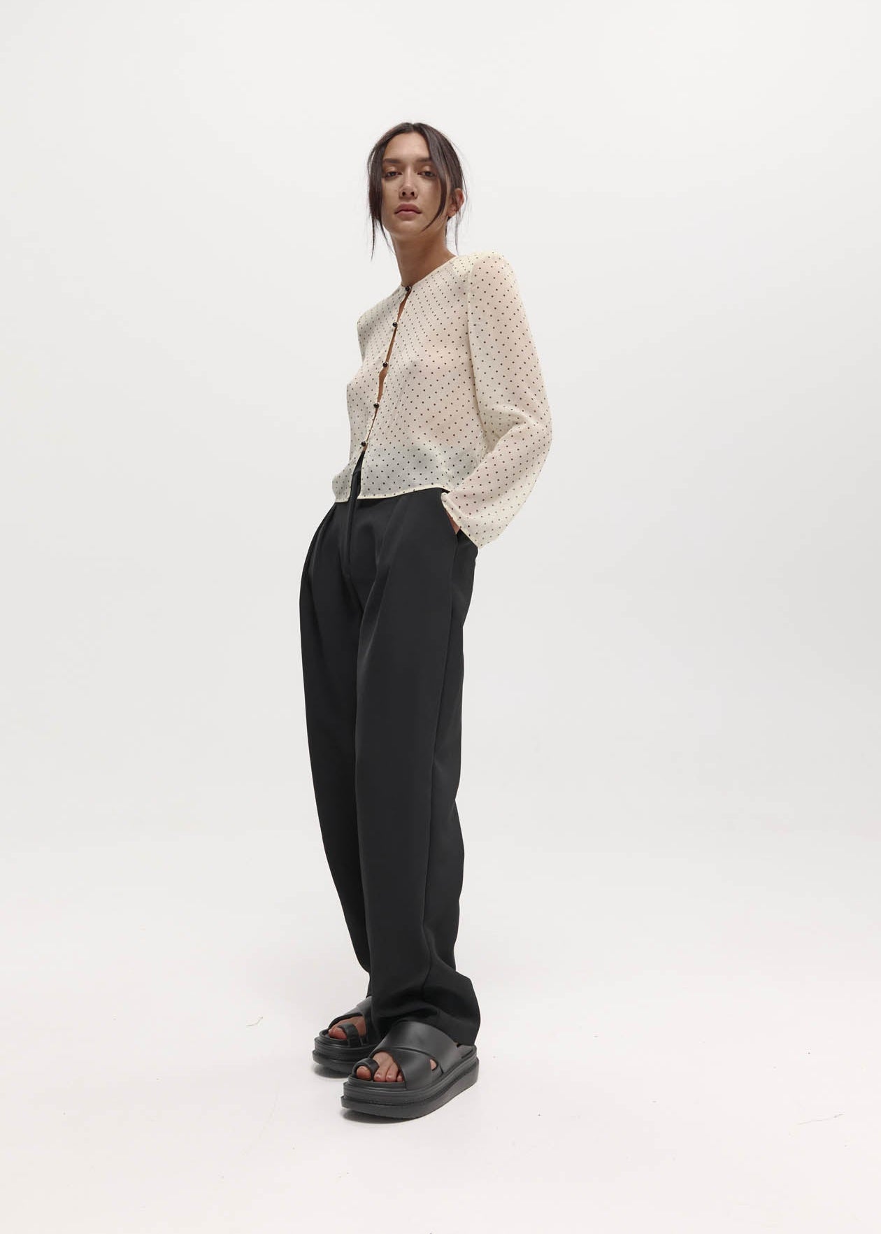 Eileen Top: Cream & Black Polka Dot Silk