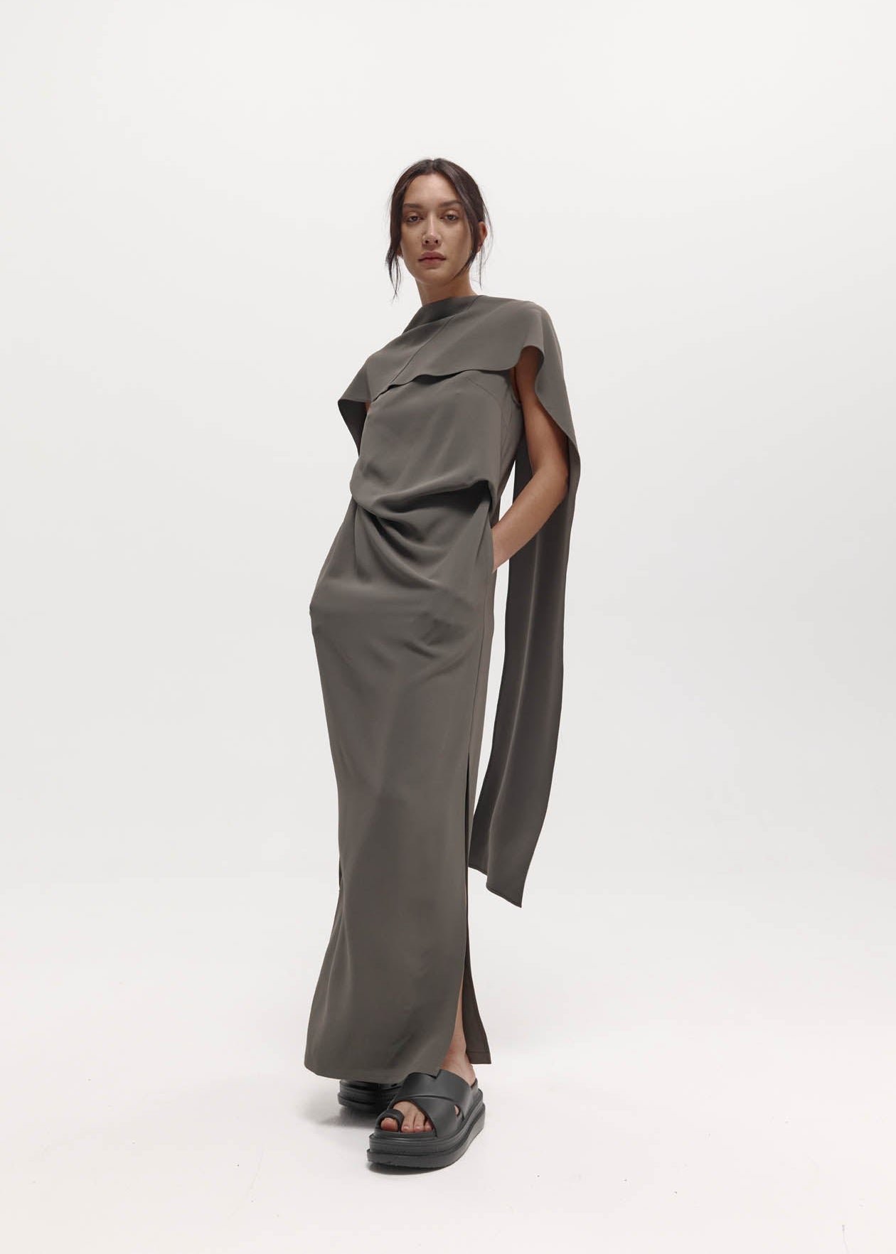 Laro Dress: Grey Drape Suiting