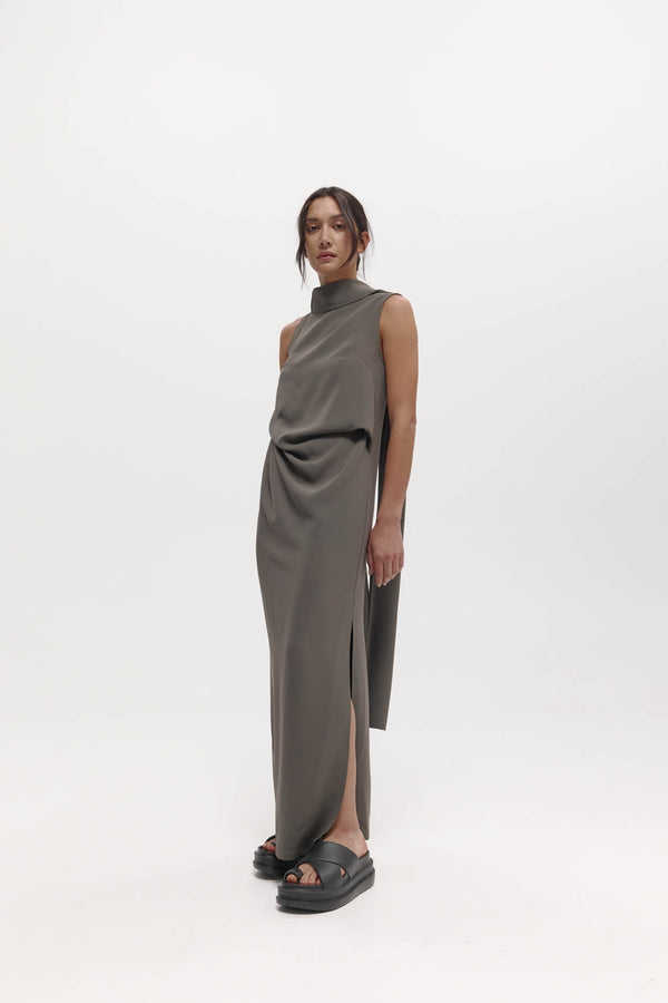 Laro Dress: Grey Drape Suiting