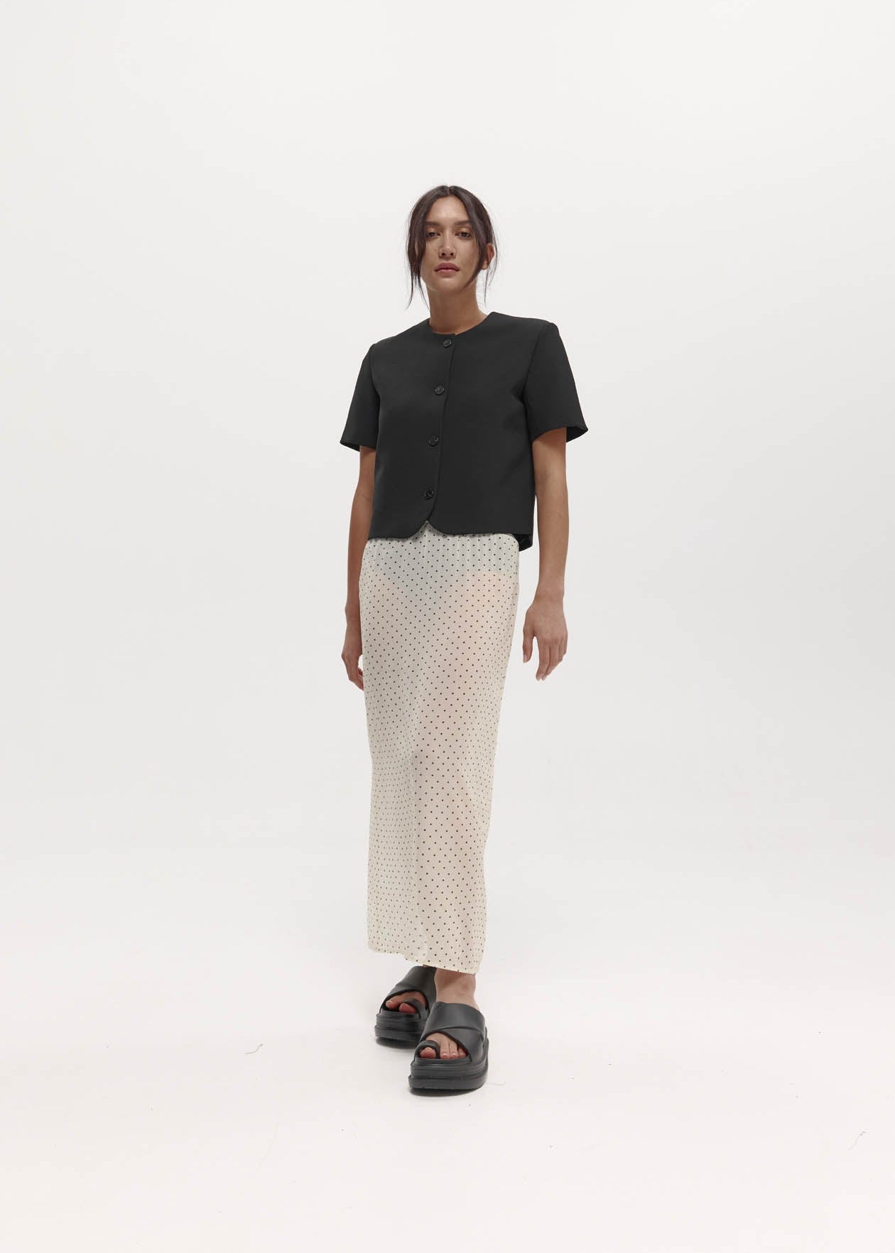 Camilla Skirt: Cream & Black Polka Dot Silk chiffon