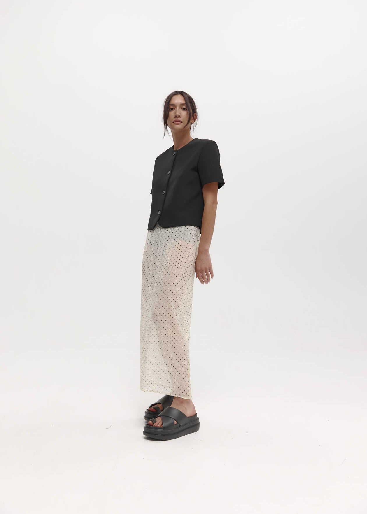Camilla Skirt: Cream & Black Polka Dot Silk chiffon