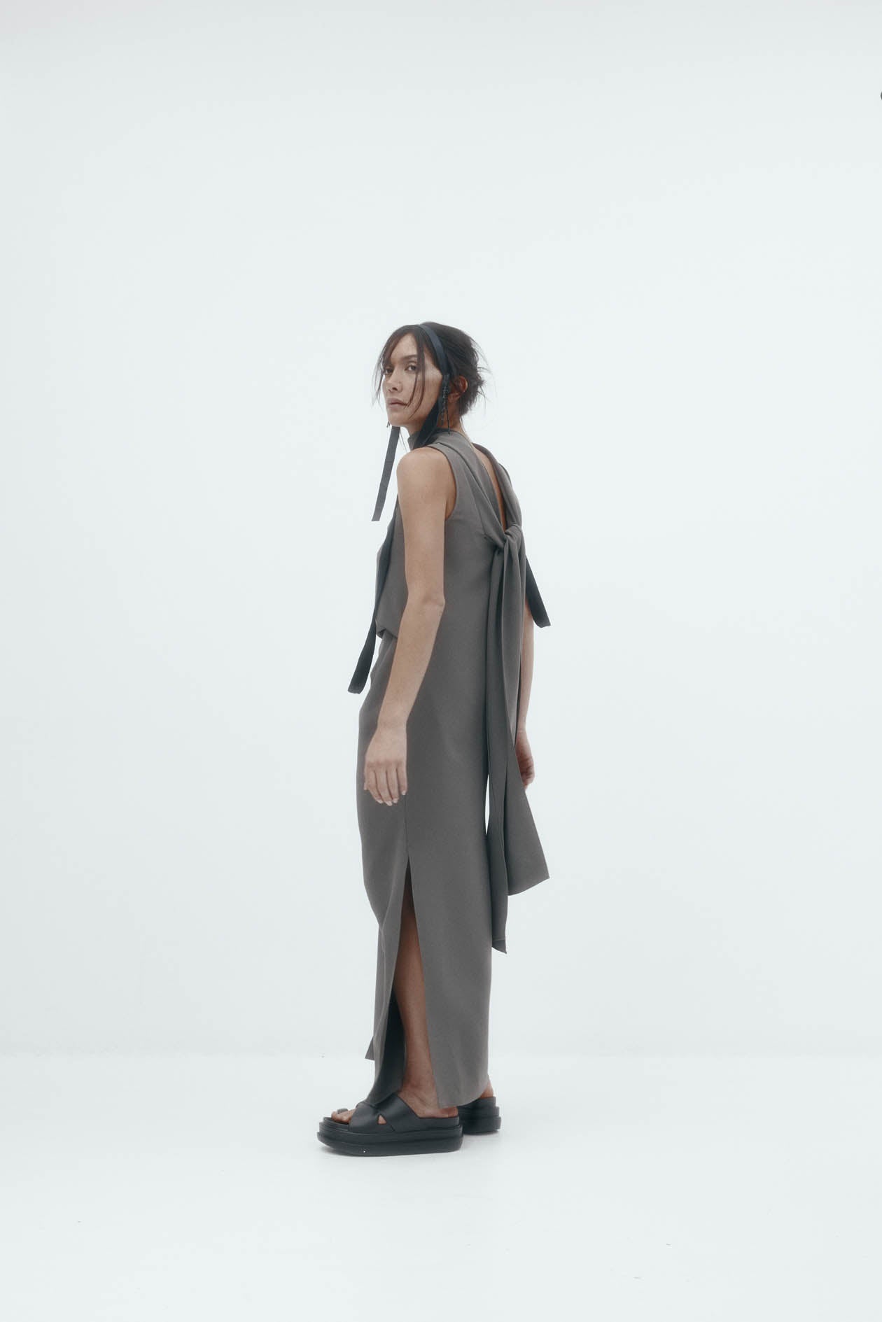 Laro Dress: Grey Drape Suiting