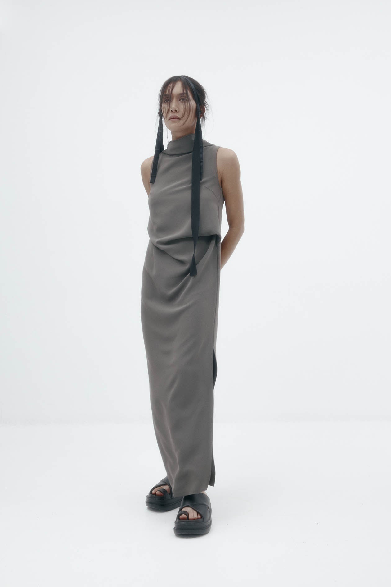 Laro Dress: Grey Drape Suiting