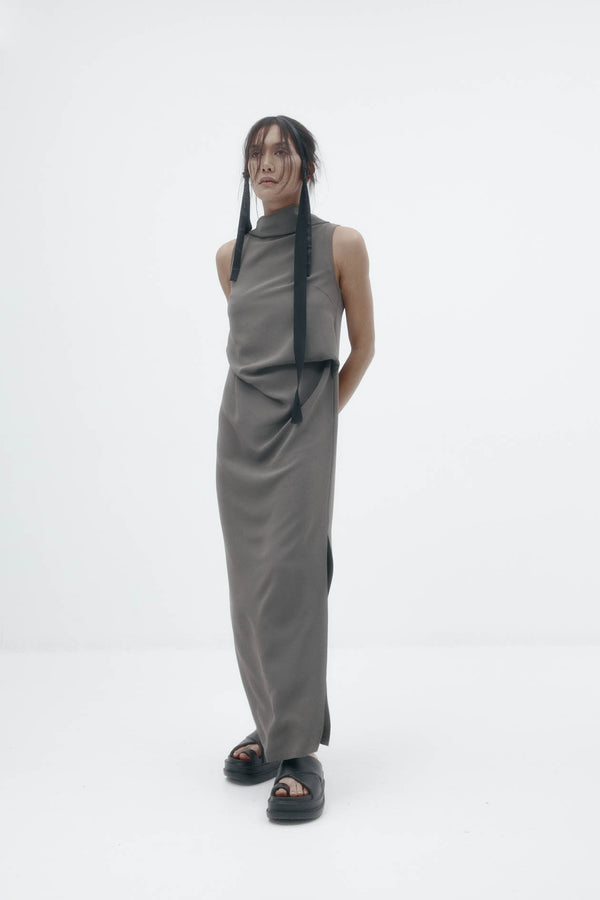 Laro Dress: Grey Drape Suiting