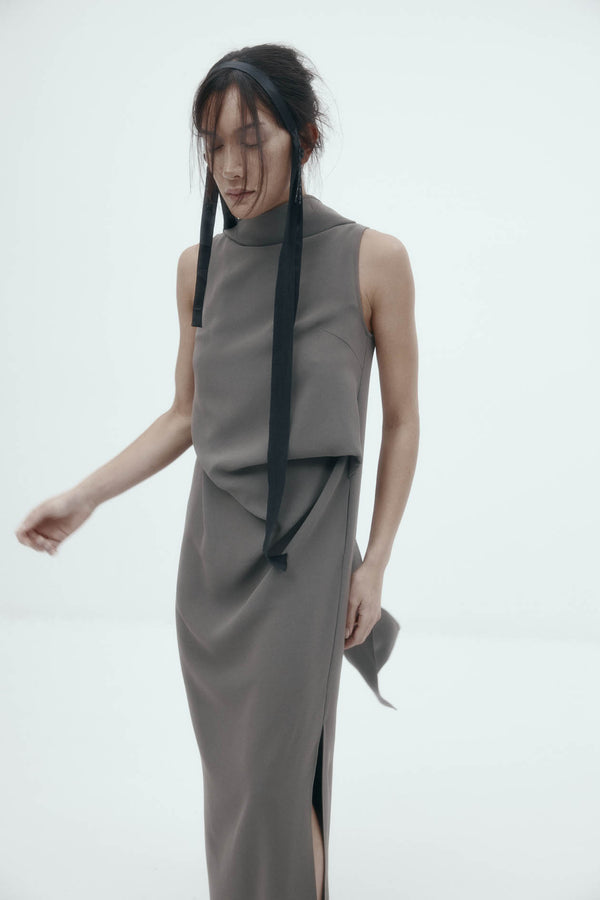 Laro Dress: Grey Drape Suiting
