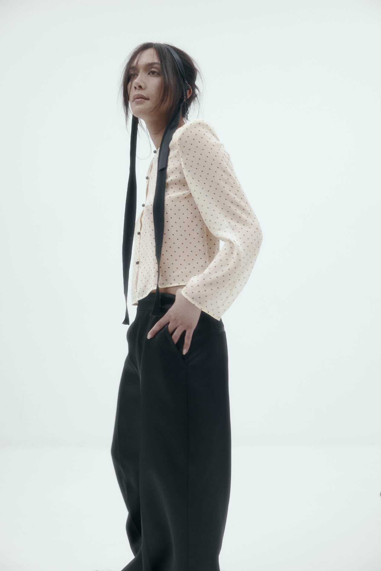 Eileen Top: Cream & Black Polka Dot Silk