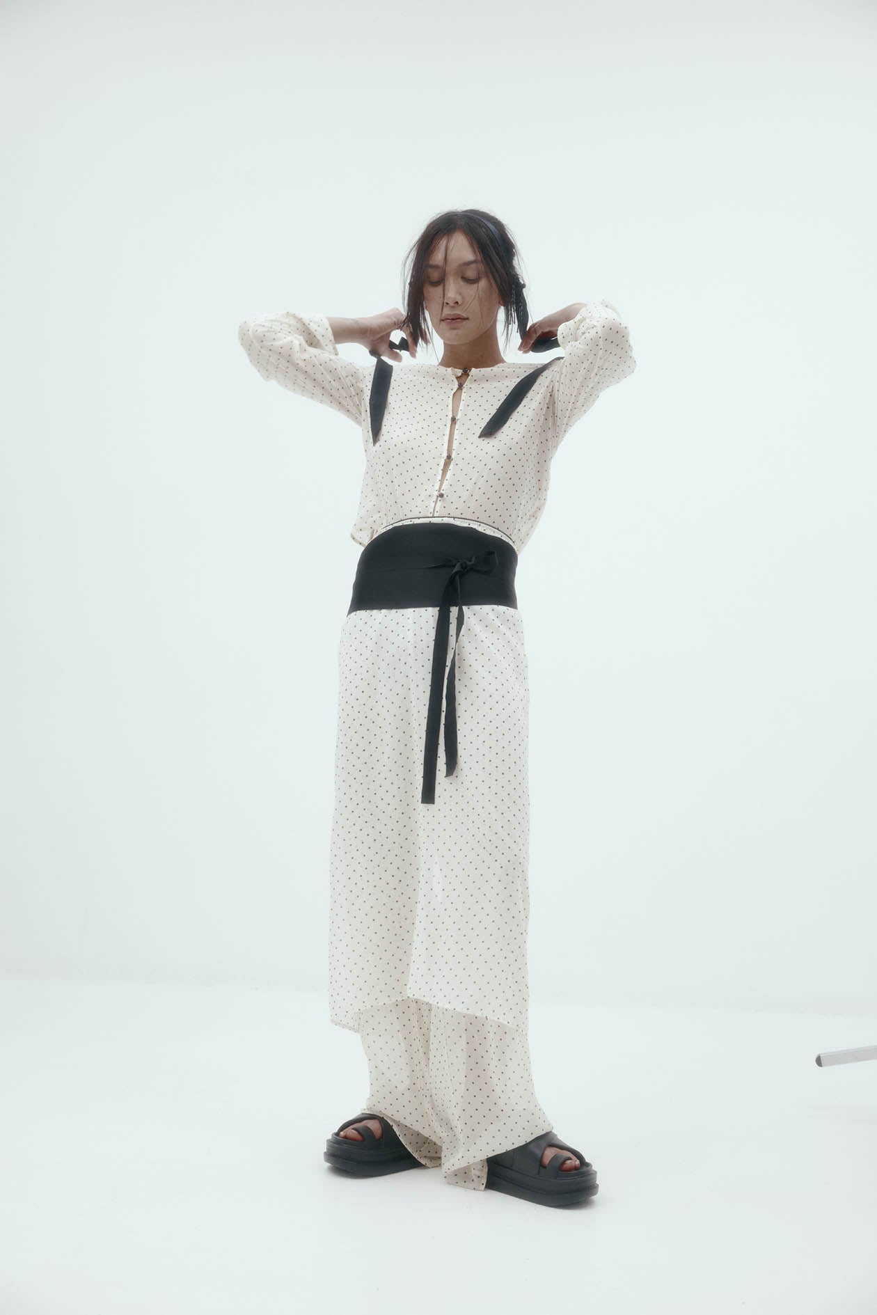 Camilla Skirt: Cream & Black Polka Dot Silk chiffon