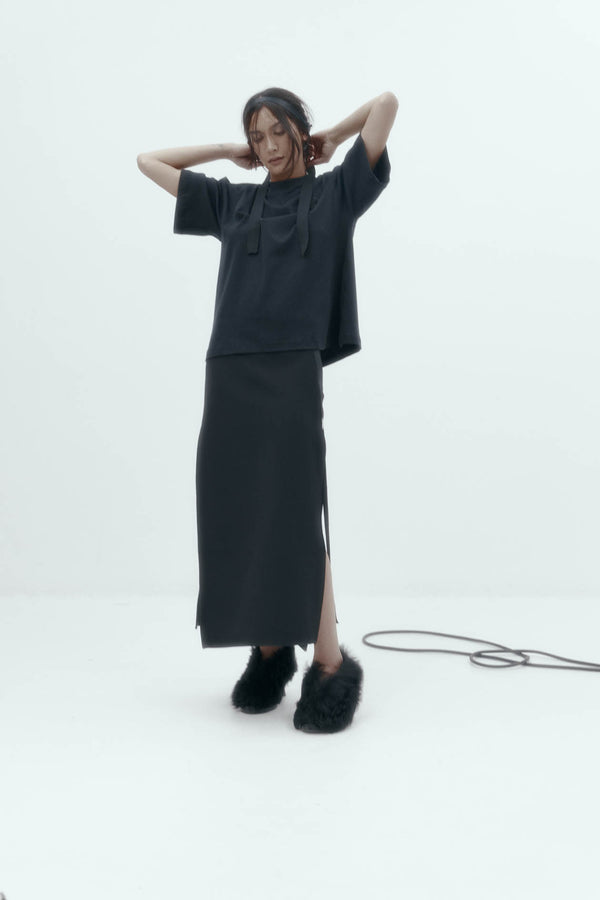 Viktor Skirt: Black Bonded Suiting