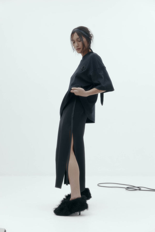 Viktor Skirt: Black Bonded Suiting