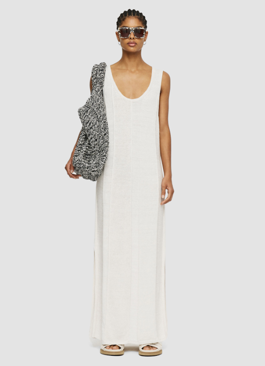 LINEN BLEND KNITTED LONG DRESS: IVORY