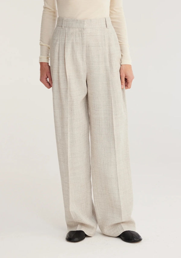 Wide Leg Pleated Trousers: Stone Melange