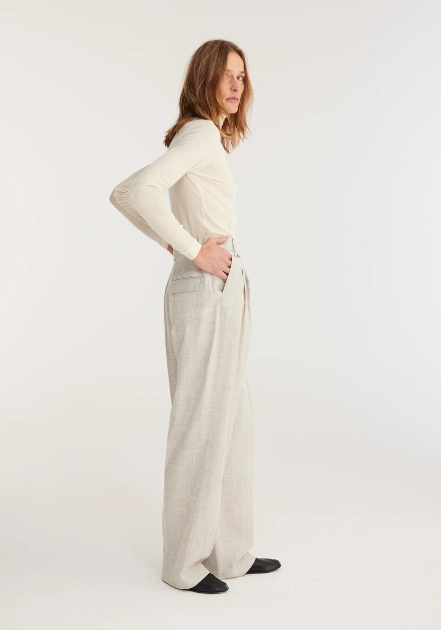 Wide Leg Pleated Trousers: Stone Melange