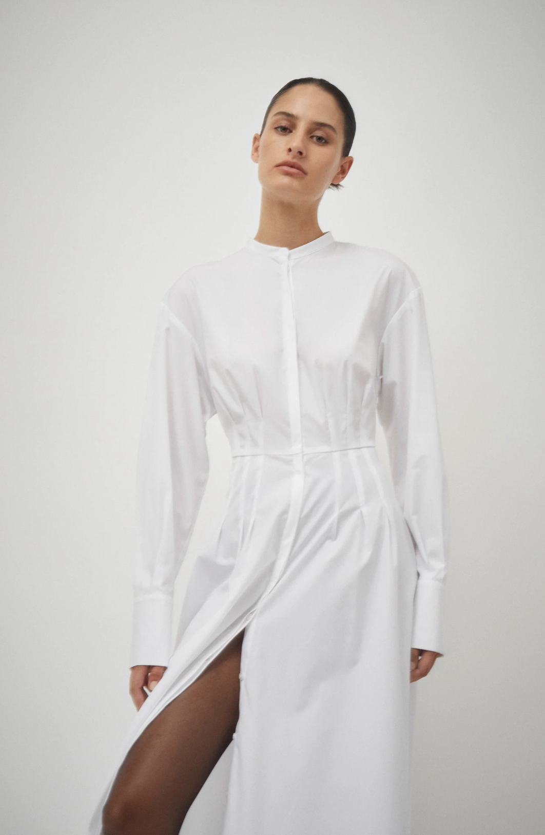 Cotton Pleat Detail Dress: White