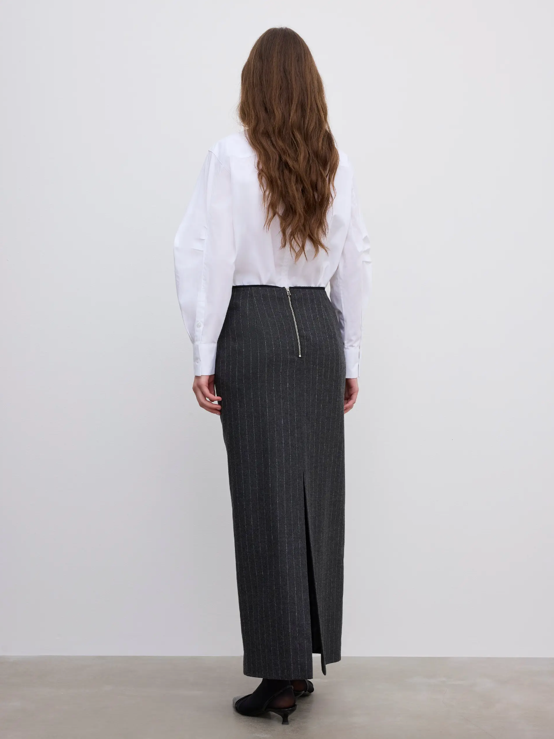 Pencil Maxi Skirt: Grey Pinstripe - Main Image