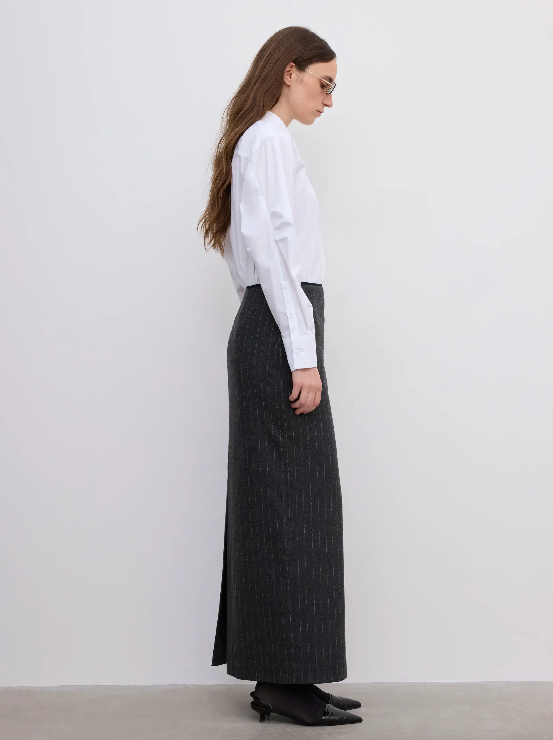 Pencil Maxi Skirt: Grey Pinstripe