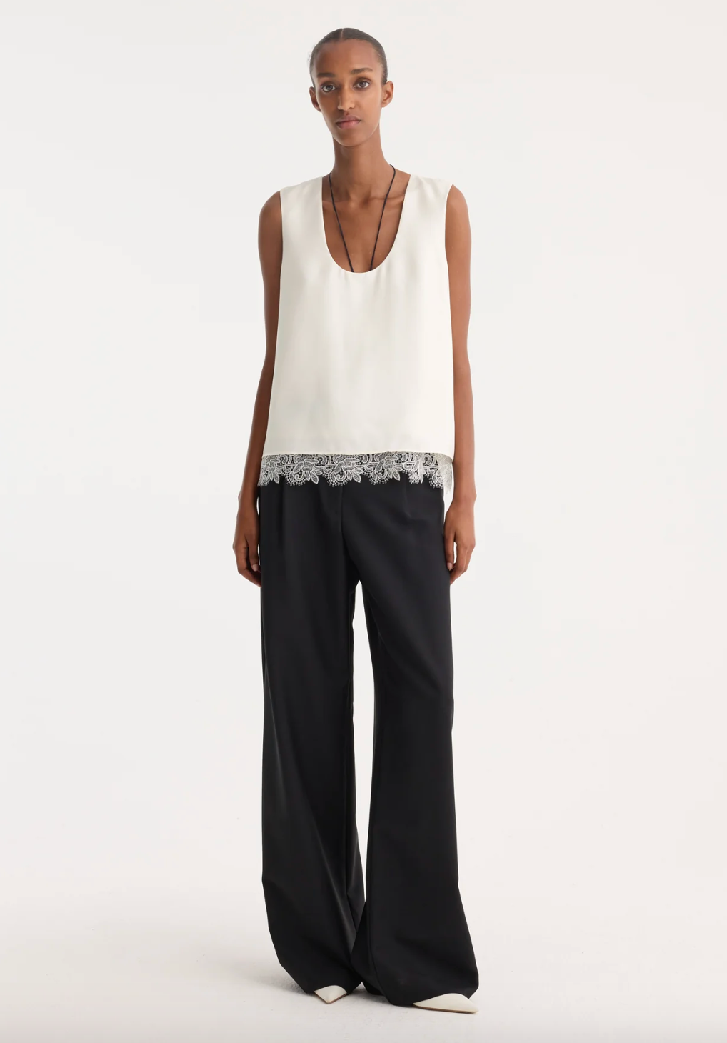 lace-trimmed silk top: cream