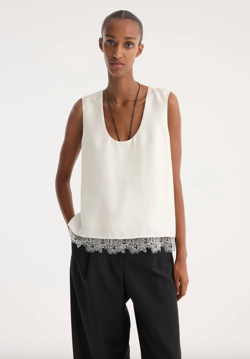 lace-trimmed silk top: cream