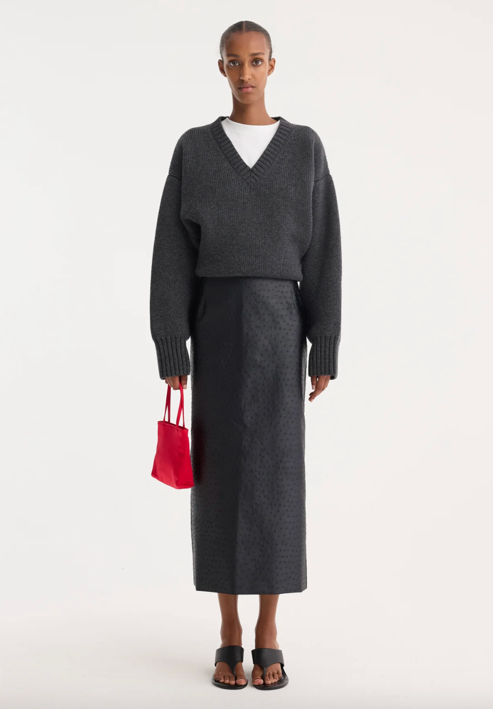 ostrich satin column skirt: black