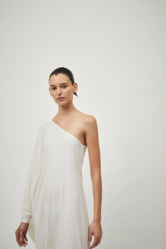 Wool One Shoulder Gown: Cream