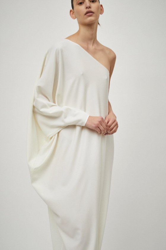 Wool One Shoulder Gown: Cream