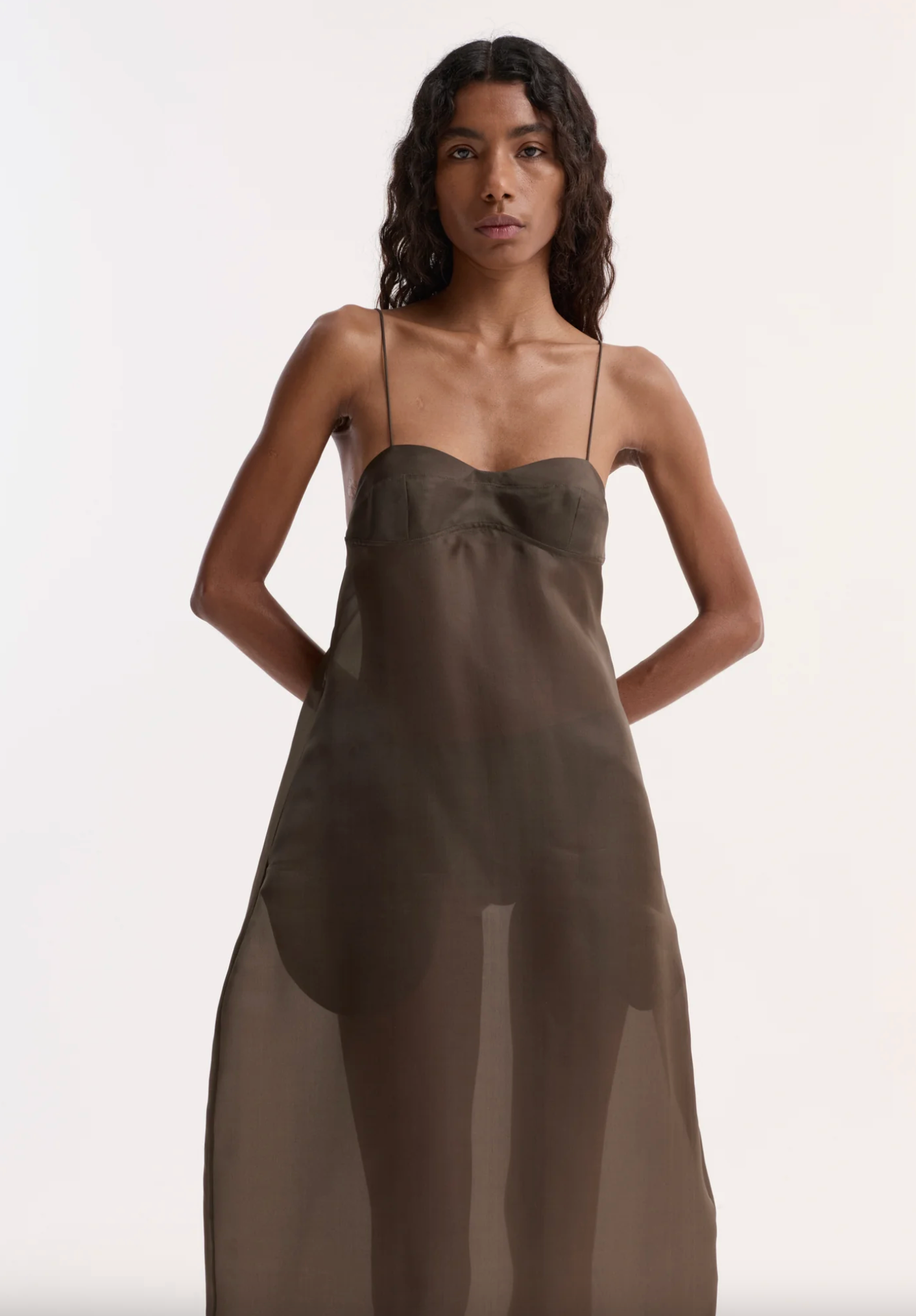 sheer bustier volume dress: earth