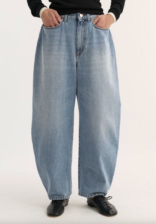 sculptural denim trousers: classic blue