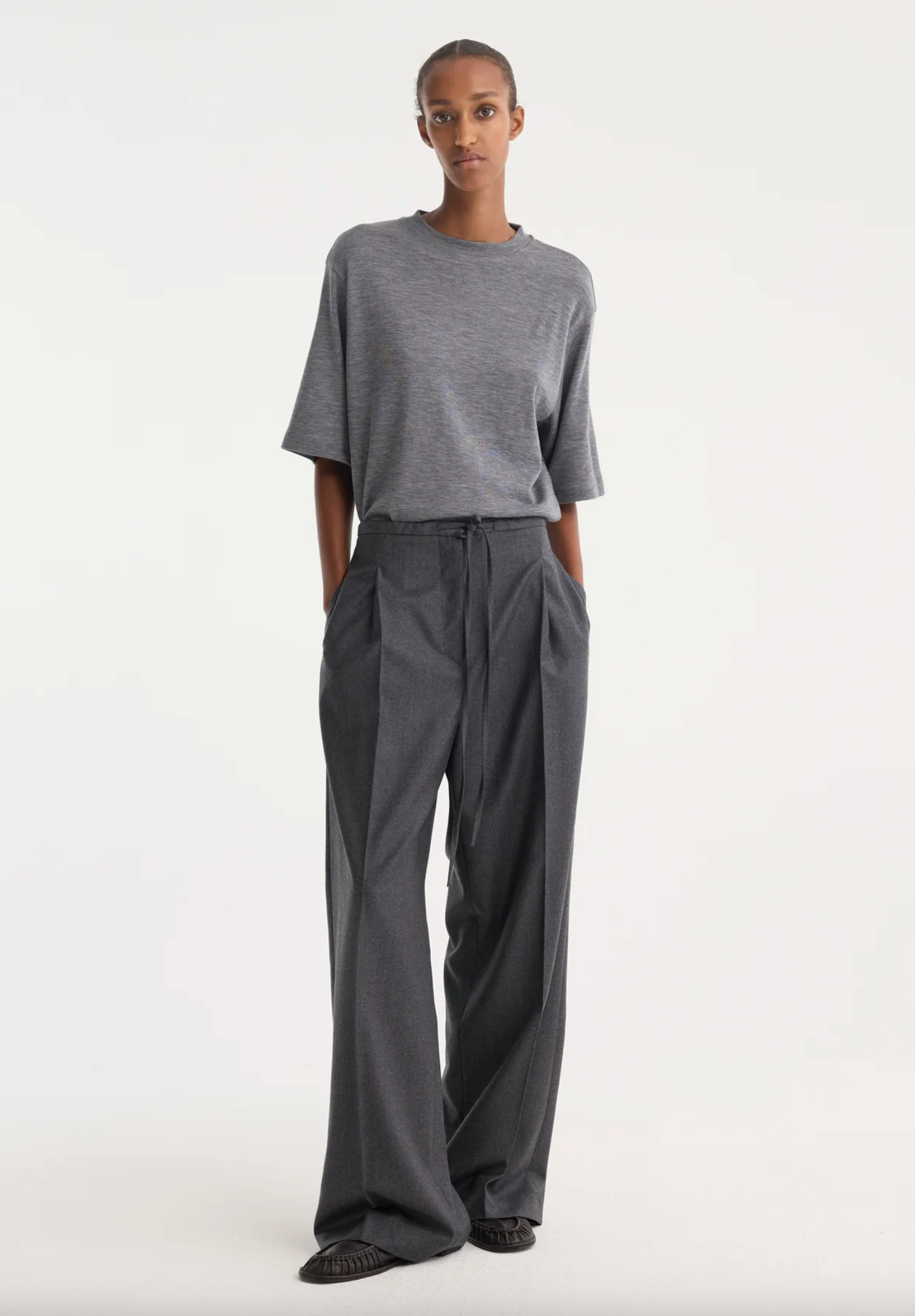Relaxed Drawstring Trousers: Dark Grey Melange