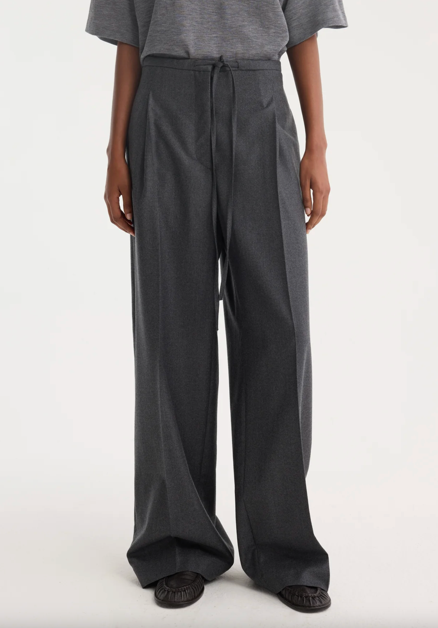 Relaxed Drawstring Trousers: Dark Grey Melange