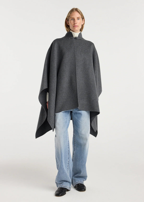 double-faced wool pankou closure poncho: dark grey melange